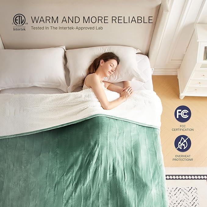 Electric Blanket Full 72"x84" Heated Electric Blankets 10 Heating Levels 12 Time Settings 8 Hours Auto Off Fast Heating and Overheat Protection ETL Certified Machine Washable,Green