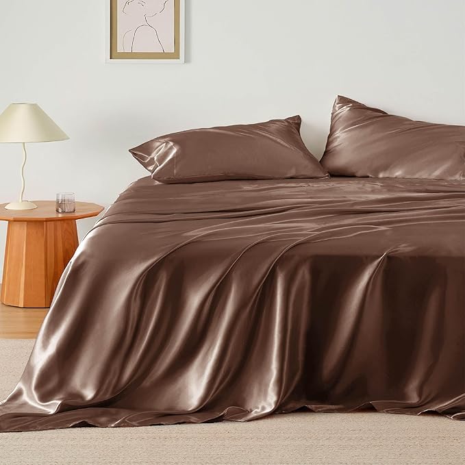 Bedsure Satin Sheets Full Size - 4 Piece Silky Bedsheets with 15 Inches Deep Pocket Fitted Bedsheet,1 Flat Sheet, 2 Satin Pillowcases, Good for Hair & Skin (Full, Coffee)