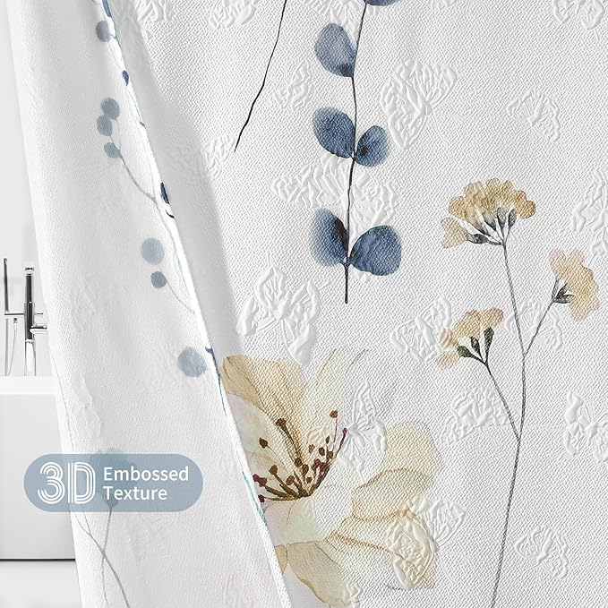 QiyI Watercolor Floral Shower Curtain, 3D Embossed Butterflies Grey Beige Flower Bathroom Curtains, Minimalist White Cloth Bath Curtain, Waterproof Fabric Textured Shower Curtain Set with Hooks, 72x72