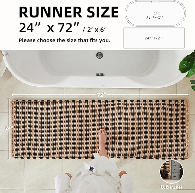Waffle Runner Rug Bathroom, Long Boho Bathroom Rugs Non Slip Washable Super Absorbent Quick Dry Farmhouse Bath Decor, 72"x24" Black and Khaki