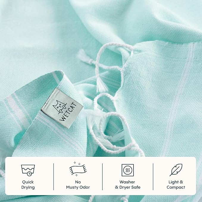 WETCAT Turkish Hand Towels with Hanging Loop, Set of 2 (20" x 30") 100% Turkish Cotton, Pre-Washed, Quick Drying, for Kitchen or Bathroom - Aqua