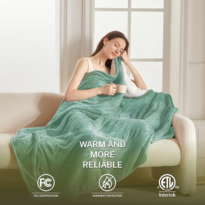 Heat Blanket 50”x60” Throw,Soft Flannel & Sherpa Reversible Electric Blanket with 10 Heat Settings,12 Timer Setting and 3 Hours Auto-Shut Off,ETL Certified Machine Washable,Green
