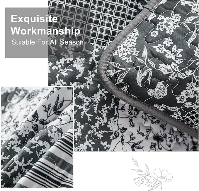 Mybedsoul Black Grey Boho Quilt Set King Size,3 Pieces Plaid Floral Bedspread Coverlet Set for All Season,Patchwork Reversible Bedding Set King 90"x104"