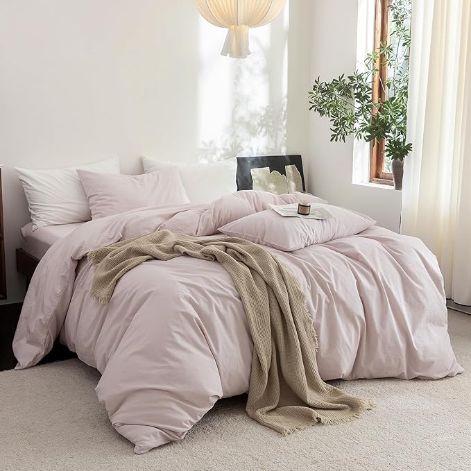 FOSSA Duvet Cover Set 100% Washed Cotton Linen Feel Super Soft Breathable Cozy 3 Pieces Bedding Sets Solid Greyish Pink Full/Double