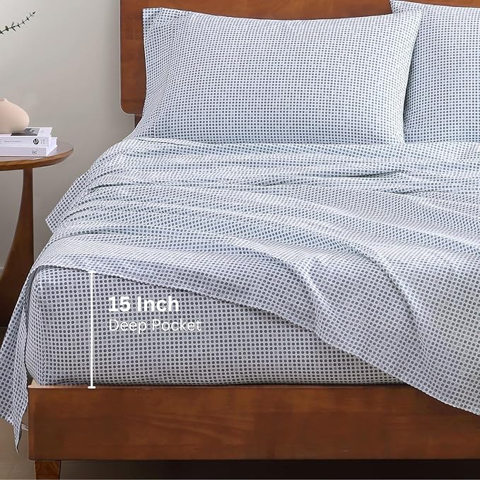 LANE LINEN 100% Organic Cotton Pre Washed Extra Long Twin Sheets Low Pill Fade Resistant Macine Wash Naturally Temperature Regulating Printed Cotton Sheets Twin XL Bed Sheets- Polka Dot Blue