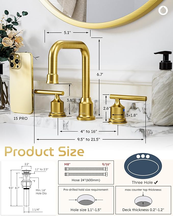 WOWOW Brushed Gold Bathroom Faucet Widespread Bathroom Sink Faucet 2 Handle Lavatory Tap 3 Holes with Drain and Supply Hoses Mordern Basin Taps