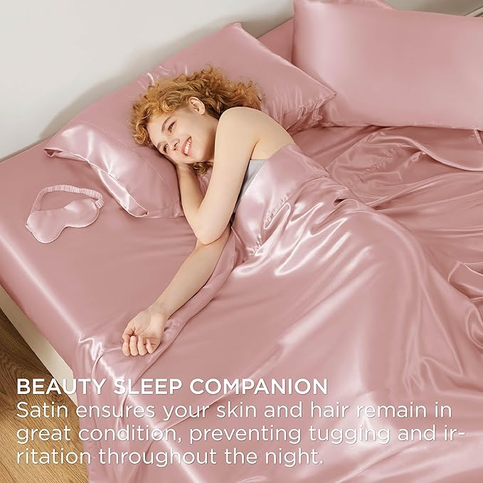 Bedsure Satin Sheets Full Size - 4 Piece Silky Bedsheets with 15 Inches Deep Pocket Fitted Bedsheet,1 Flat Sheet, 2 Satin Pillowcases, Good for Hair & Skin (Full, Blush Pink)