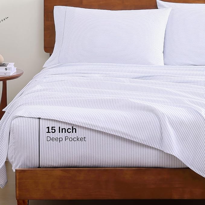 LANE LINEN 100% Organic Cotton Printed King Size Sheets Set, Soft & Comfy Fully Elasticized Percale Low Pilling Machine Washable All Season Printed Oeko-Tex Cotton King Sheets- Ticking Stripe