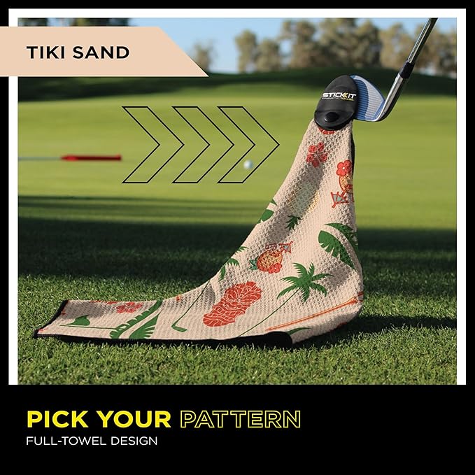STICKIT Magnetic Sandy Tiki Golf Towel | Top-Tier Microfiber Golf Towel with Deep Waffle Pockets | Industrial Strength Magnet for Strong Hold to Golf Carts or Clubs