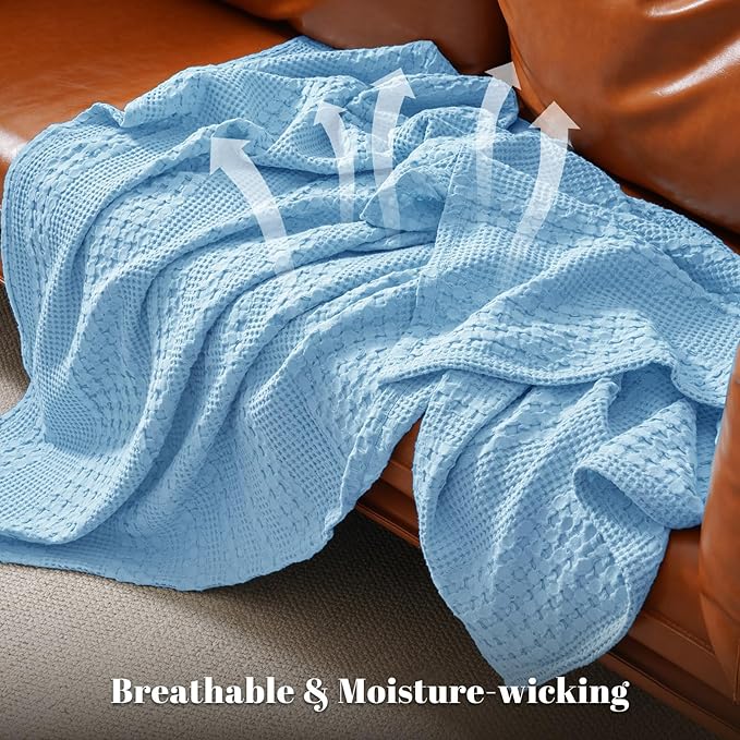 PHF 100% Cotton Waffle Weave Blanket Twin Size for Bed, Soft Lightweight & Breathable, All-Season Comfort, Luxury Aesthetic Woven Bedding for Home Decor, 66"x90", Sky Blue