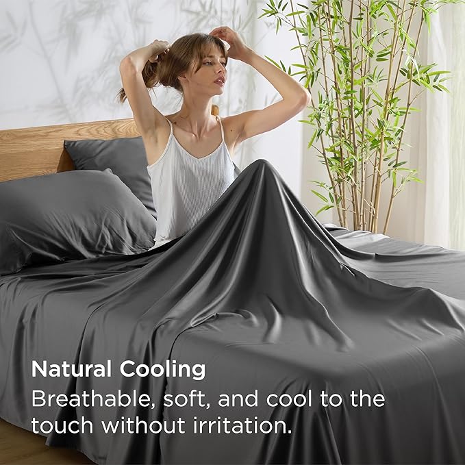 Bedsure Queen Sheet Set, Rayon Derived from Bamboo, Cooling Sheets, Breathable & Soft, Deep Pocket Up to 16 Inches, Hotel Luxury Silky Bedding for Hot Sleepers, Grey