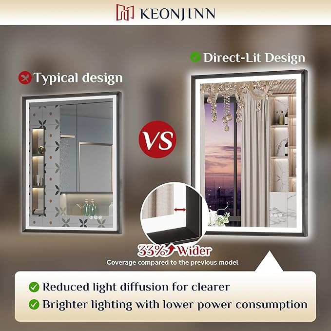 Keonjinn 72 x 36 Inch Bathroom Mirror with Frontlit & Backlit, Black Metal Framed Beveled Edge Mirror, Large LED Mirror with Anti Fog for Wall, Stepless 3-Color Temperatures, UL-Listed Driver