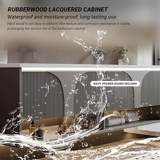 Double Bathroom Vanity with Sink, 80IN Floating Bathroom Vanity Set with LED Smart Defogging Mirror Cabinet and Open Shelf, Oak Wood Bathroom Cabinet with Two Drawers and Bottom Open Storage (Grey)