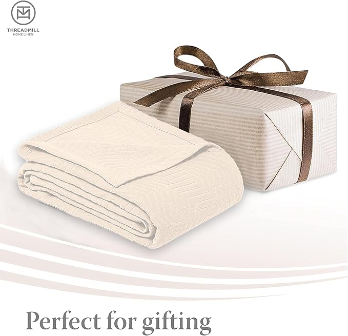 Threadmill Luxury Cotton Blankets for Twin Size Bed | All-Season 100% Cotton Twin Blanket for Bed | Aster Jacquard Lightweight, Soft & Cozy Coverlet, 350GSM, 68 x 90 inches | Vanilla Cream