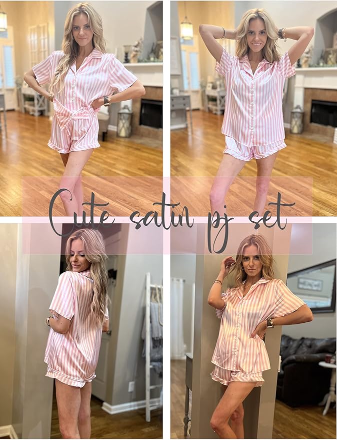 HOTOUCH Womens Satin Pajamas Set Button Down 2 Piece Silk Pjs Shorts Set Ruffle Lingerie Notch Collar Sleepwear
