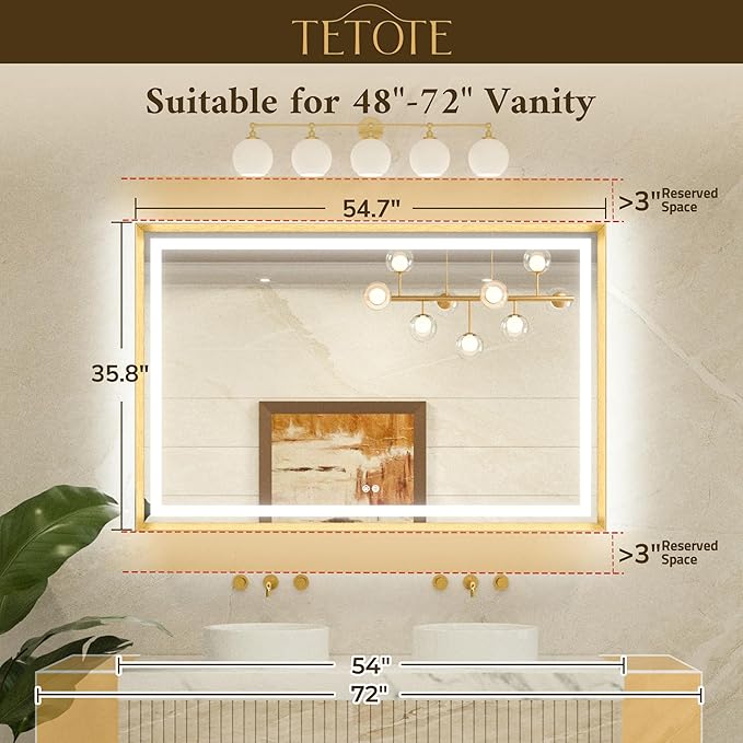 TETOTE 55 x 36 Bathroom LED Mirror Brushed Bright Nickel Metal Frame Frontlit & Backlit Vanity Mirror Stepless Dimmable Anti-Fog 3 Colors White/Warm/Natural Light up Vanity Mirror Wall-Mounted