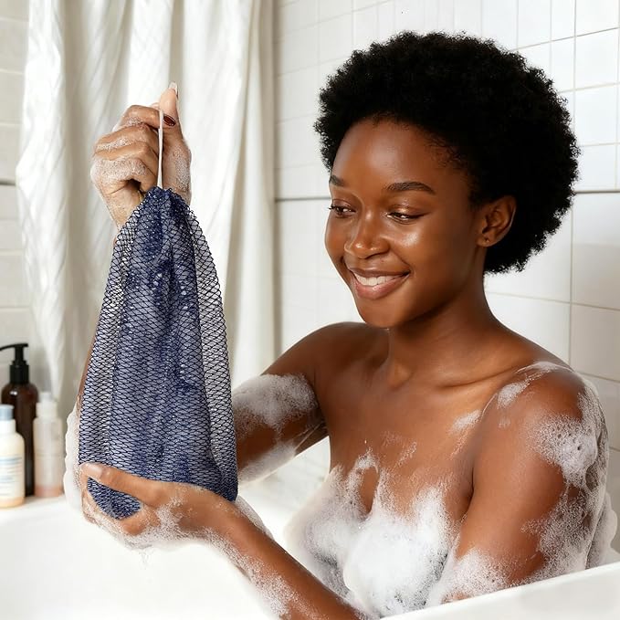 African Net Sponge Authentic with Handles (Set of 2), African Exfoliating Net Sponge, Exfoliating Body Scrubber Bath Sponge - Bathing Accessories with Storage Bag (Blue & Black)