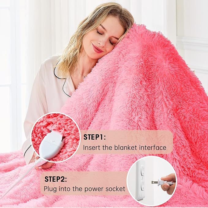 Heated Electric Blanket Twin,Warm Winter Birthday Gifts for Women Her Grandma–Faux Fur with Soft Sherpa,10 Heat Settings,5 Time Settings with Fast Heating, 62x84, Baby Pink