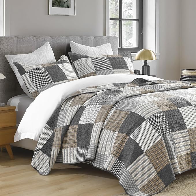 KALOOLA Plaid Quilt King Size, 100% Cotton Soft Lightweight Quilted Bedding Set for King Bed, Farmhouse Reversible Bedspread Coverlet with 2 Pillowshams for All Season, 3 Pcs, Grey/White/Black