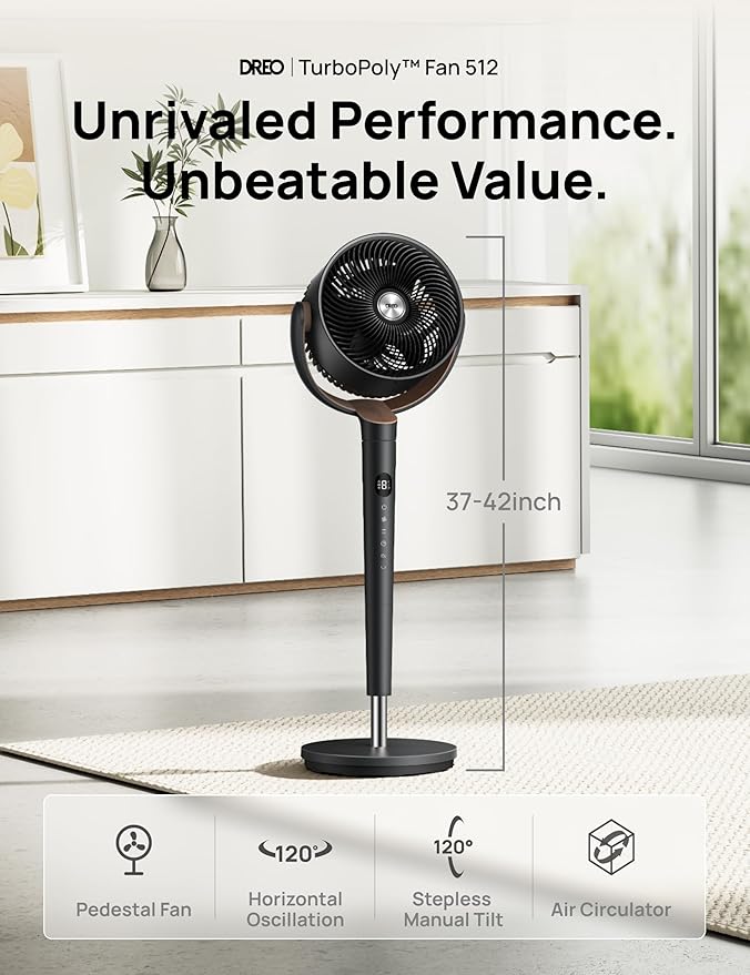 Dreo Fan for Bedroom, 120° Oscillating Standing Fan, Quiet Floor Fan with DC Motor, Pedestal Fan for Room, 9 Speeds, 4 modes, 20dB, 120° Manual Vertical, 37-42" Adjustable Height, 9H Timer, Black