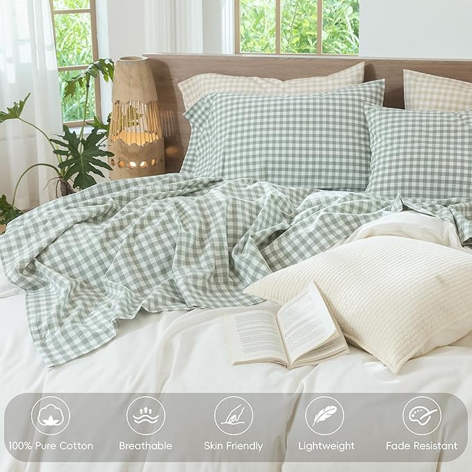 MooMee Gingham Sheet Set 100% Washed Cotton Linen Like Textured Breathable Soft w/Fully Elasticized 16-19" Deep Pocket (Classic Gingham Sage Green, Queen)