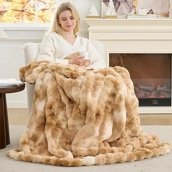 Cozy Bliss Faux Fur Throw Blanket for Couch, Fuzzy Soft Plush Thick Striped Blanket for Sofa Bedroom Living Room, 50 * 60 Inches Tie-dye Khaki