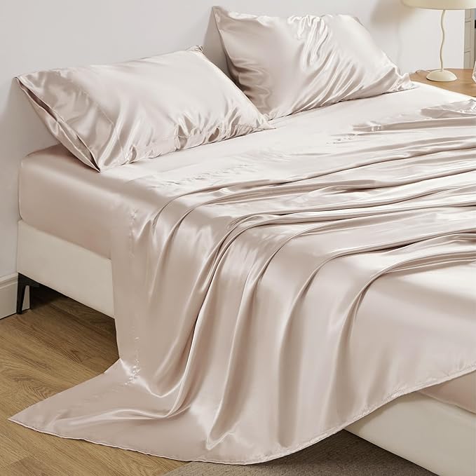 Bedsure Satin Sheets Full Size - 4 Piece Silky Bedsheets with 15 Inches Deep Pocket Fitted Bedsheet,1 Flat Sheet, 2 Satin Pillowcases, Good for Hair & Skin (Full, Beige)