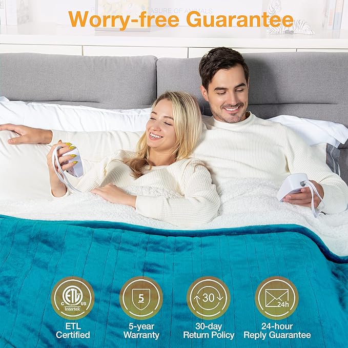 WOOMER Heated Blanket King Size,Durable Flannel and Soft Sherpa,Dual Control,90” × 100” Electric Blanket, 10 Heat Levels&0.5-12h auto-Off, Overheat Protection,Energy Efficient