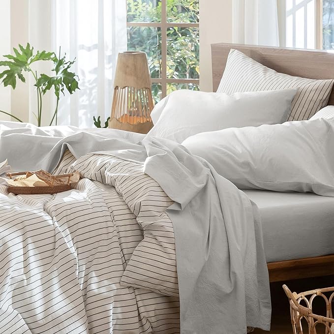 MooMee Bedding Sheet Set 100% Washed Cotton Linen Like Textured Breathable Durable Soft Comfy (Solid Light Blueish Grey, Queen)