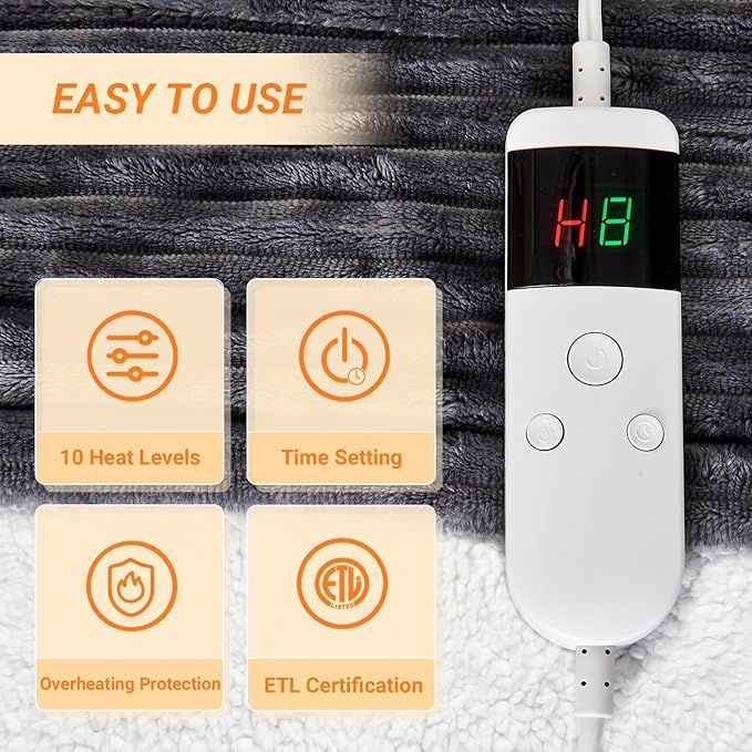 Heated Blanket Electric King, Soft Flannel Heating Blanket with 8 Hours Auto Off 10 Fast Heating Levels Machine Washable Sherpa Heated Blanket with Overheating Protection