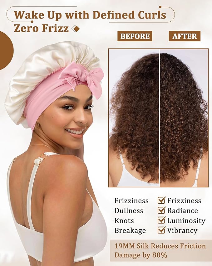 AWAYTR Mulberry Silk Bonnet for Sleeping - Silk Sleep Bonnet with Tie Band for Curly Hair Men and Women (Beige and Pink Tie Band)