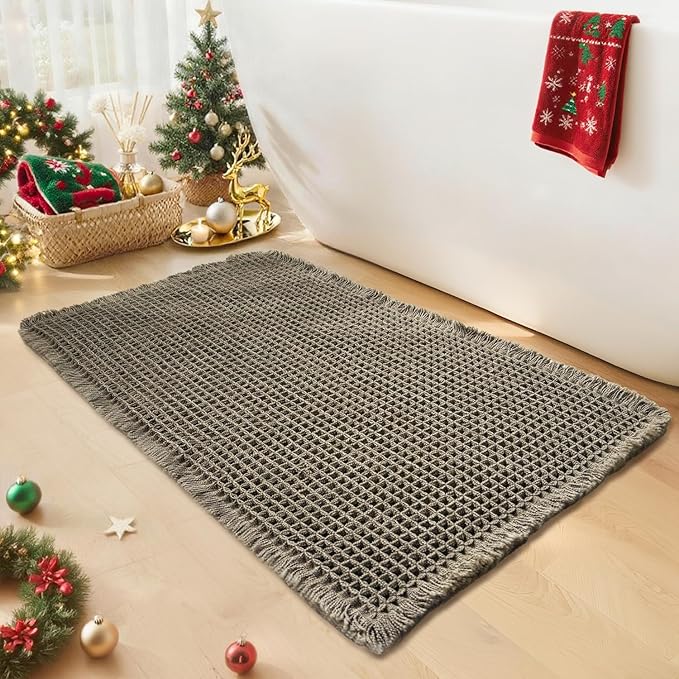 Waffle Bath Mat - Boho Bathroom Rugs Non Slip Washable, Super Absorbent & Quick Dry, Soft Bath Mat Farmhouse Bathroom Decor, 20'' x 32'', Olive Green