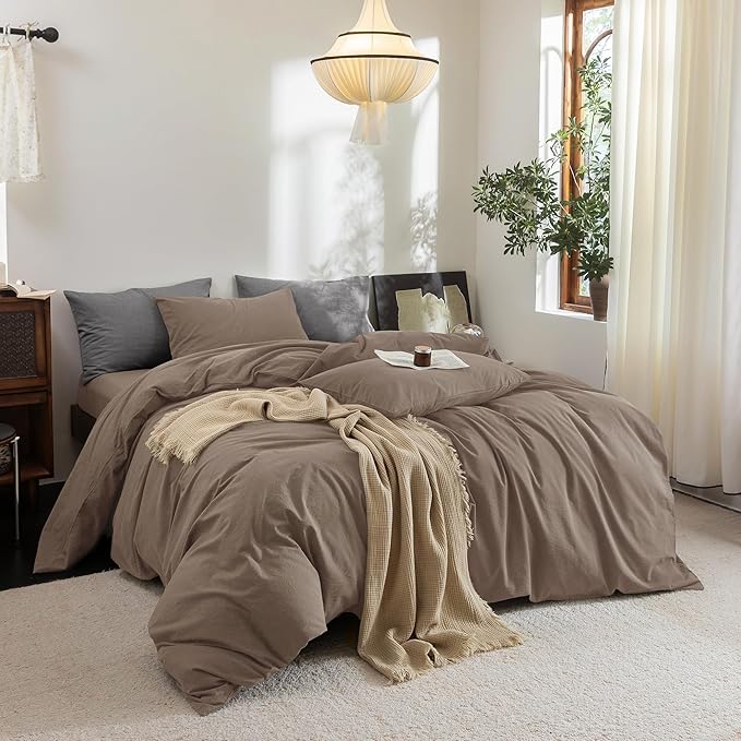 FOSSA Duvet Cover Set 100% Washed Cotton Linen Feel Super Soft Breathable Cozy 3 Pieces Bedding Sets Solid Black Super Queen