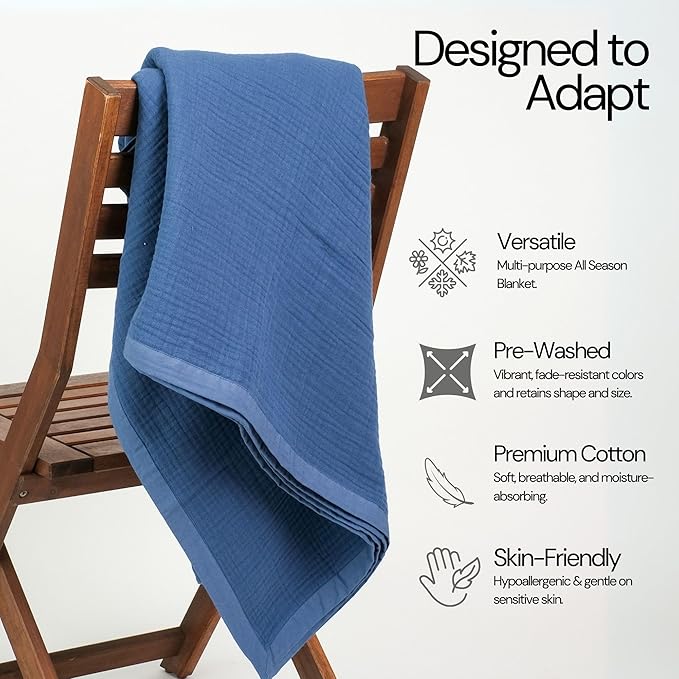 Salt Earth 100% Cotton Muslin Throw Blanket Gauze Blanket 55"X75" Twin, 4 Layered for Couch, Bed, Living Room, Home, Lightweight & All Season Blankets & Throws, Easy wash, Skin Friendly (Navy Blue)