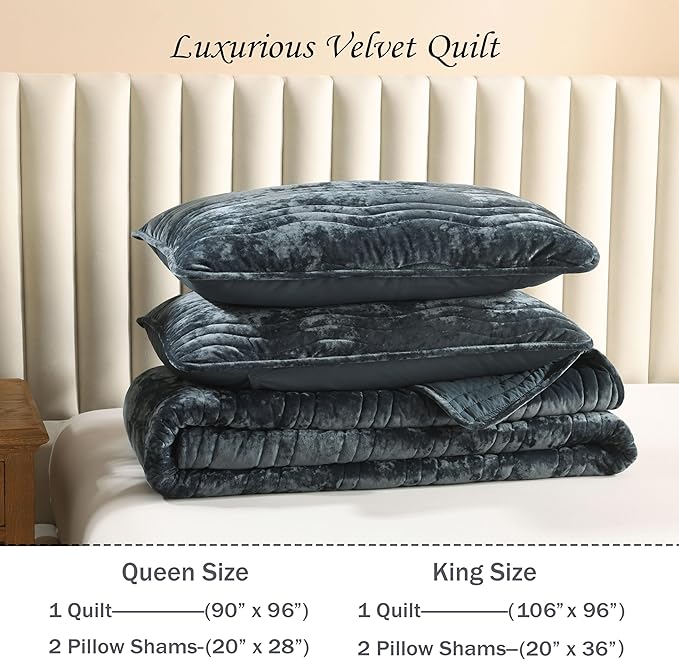 Velvet King Size Comforter Set, Luxurious King Quilt, Blue Bedding Set, Soft Plush Bedspread, Lightweight for All Season,Stormy Blue