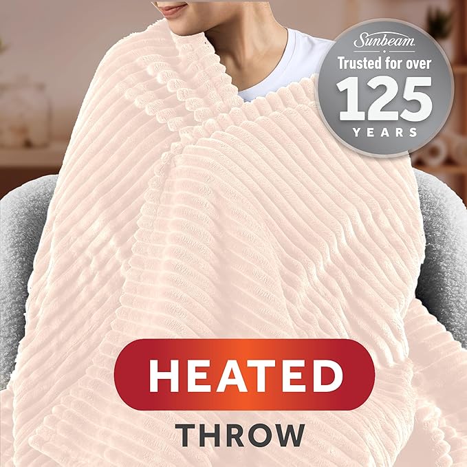 Sunbeam Electric Throw Royal Posh Velvet Heated Blanket, 4 Heat Settings, 4-Hour Auto Shut-Off, Fast Heating, Lush, Silky, and Ultra Comfy, Ribbed Champagne Color, 50" x 60"