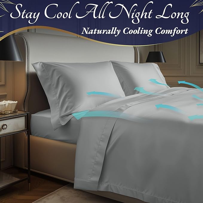 DECOLURE 100% Viscose Derived from Bamboo Sheets King Size 4pcs - Ultra Soft & Luxuriously Cooling, 17" Deep Pocket, Double Stitching, Perfect for Hot Sleepers - King Bed Sheets (Light Grey)