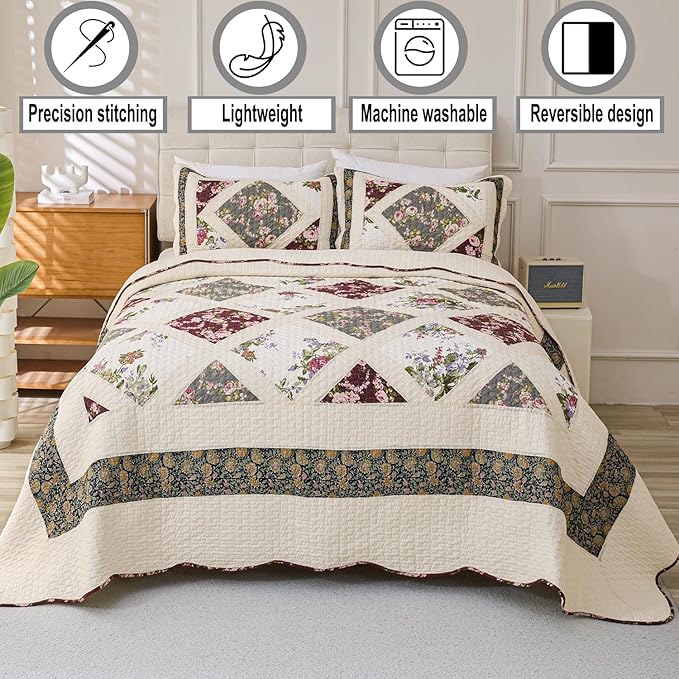 Cmfshape Floral Quilt Sets Bedspread Set 100% Cotton Patchwork Bedding Set,All Season Use Lightweight Reversible Coverlet Quilts with 2 Pillow Shams(Queen 92"x96")