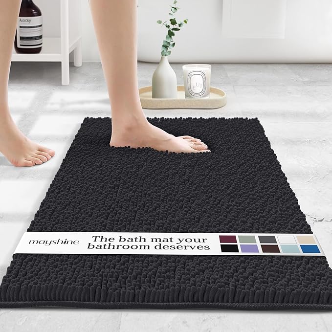 MAYSHINE Plush Shaggy Chenille Bath Mat | Extra Soft, Super Absorbent, Non-Slip Bathroom Rug | Fluffy Microfiber, Area Rug Sets for Bathroom Floor, Kitchen, Living Room | 39"x24" | Black