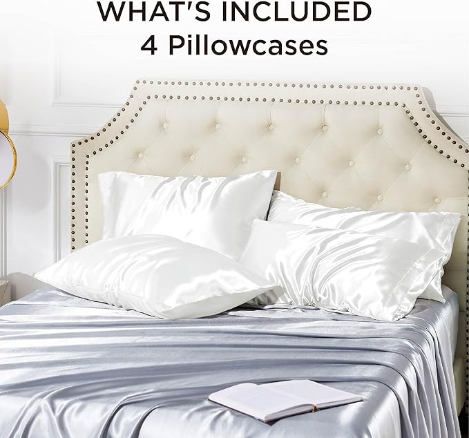 Bedsure Satin Pillowcase for Hair and Skin Queen - Pure White Silky Pillowcase Set of 4 with Envelope Closure, Similar to Silk Pillow Cases, Gifts for Women Men, 20x30 Inches