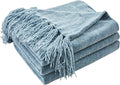 CozeCube Chenille Throw Blanket for Couch, Cozy Plush Fuzzy Decorative Dusty Blue Blanket with Fringe Tassels, Lightweight Throws for Bed Sofa Gift Home Decor, 50"X60"