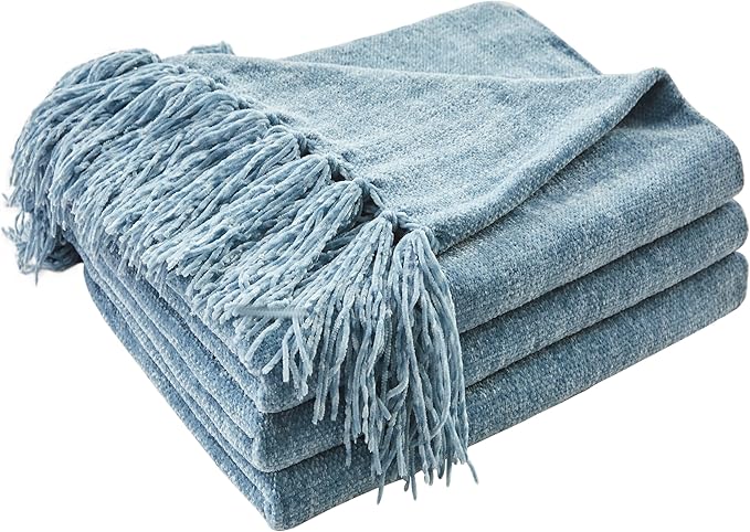 CozeCube Chenille Throw Blanket for Couch, Cozy Plush Fuzzy Decorative Dusty Blue Blanket with Fringe Tassels, Lightweight Throws for Bed Sofa Gift Home Decor, 50"X60"