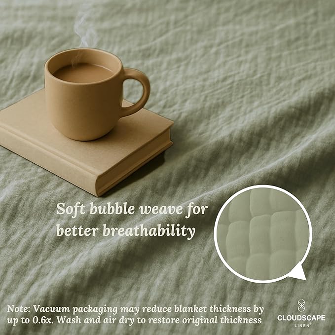 Cloud Scape Linen 8-Layer Muslin Blanket King Size for Adult - 100% Cotton, Breathable and Soft, Perfect Winter Cozy Blanket, Fits up to California King Bed, 92x108, Sage Green