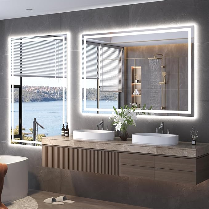 60"X30" LED Bathroom Mirror with Front Lights and Backlit, Anti-Fog, Dimmable, Shatter-Proof Tempered Glass, Lighted Bathroom Vanity Mirror for Wall with 3 Colors, Memory Function