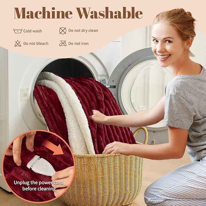 Electric Heated Blanket Full Size - 72"x84" Fast Heating Bed Blankets with 6 Heating Levels & 10 Hours Auto Off, Soft Ribbed Flannel Sherpa, Over-Heated Protection ETL, Red