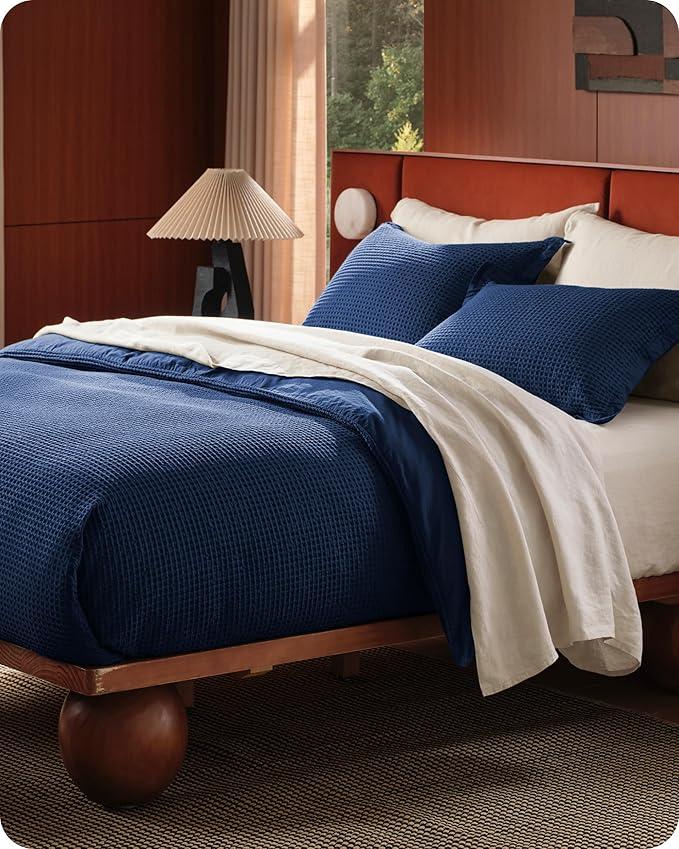 Bedsure Cotton Duvet Cover King - 100% Cotton Waffle Weave Navy Blue Duvet Cover King Size, GentleSoft™ and Breathable Bedding Set for All Season, 3 Pieces, 104"x90"