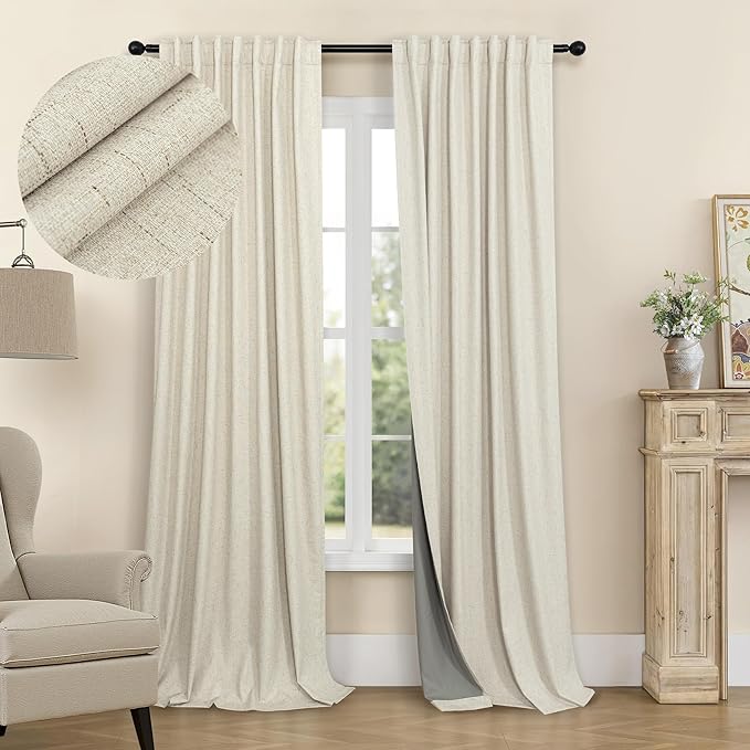 98 Inch Curtains Blackout Linen Country Cottage Core Thick Textured Lightweight Window Drapes for Guest Bedroom Living Room Darkening Thermal Winter Curtain Keep Cold Out 98 Inch Length 2 Panels Beige