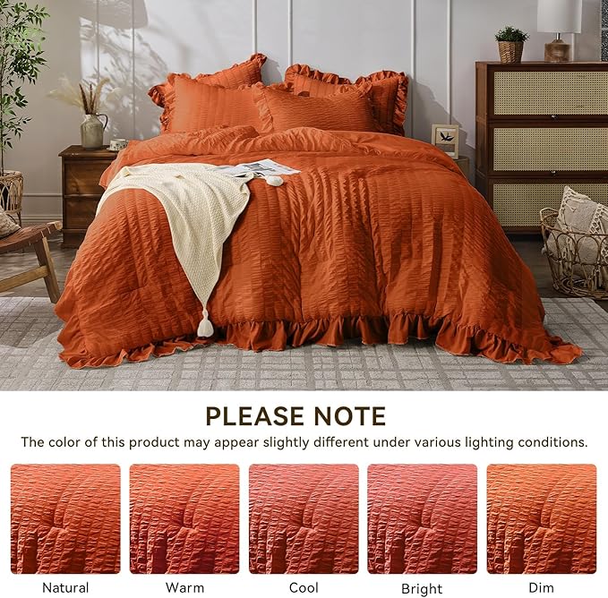 JOLLYVOGUE King Comforter Set, 3 Pieces Seersucker Comforters King Size, Lightweight & Fluffy Bedding Sets King for All Season with 1 Ruffle Comforter and 2 Ruffle Pillowshams, Burnt Orange