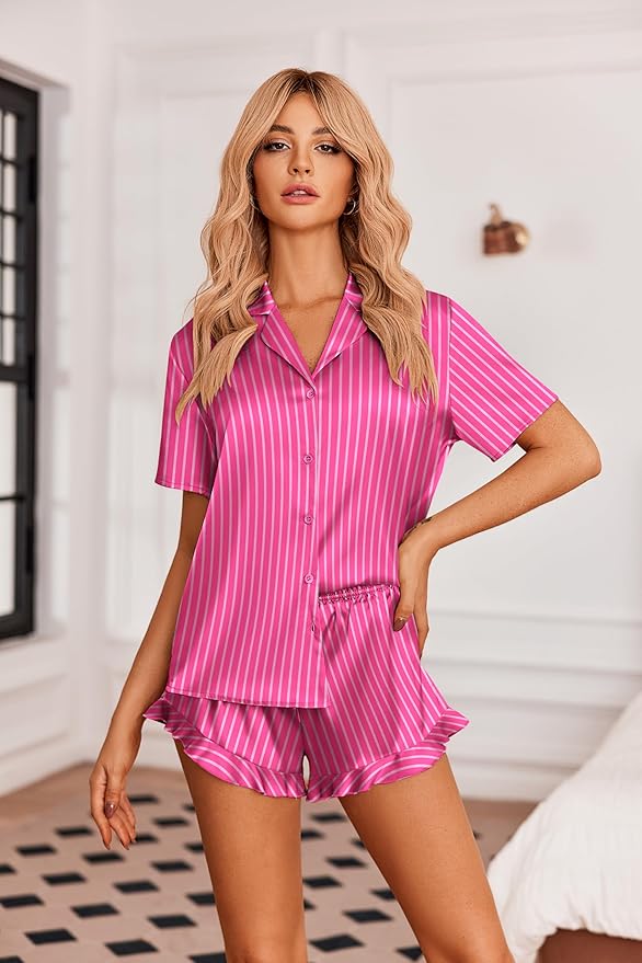 Ekouaer Womens Satin Pajamas Set Button Down 2 Piece Silk Pjs Shorts Set Ruffle Lingerie Notch Collar Sleepwear