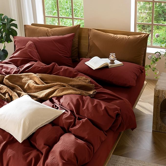 MooMee Bedding Duvet Cover Set 100% Washed Cotton Linen Like Textured Breathable Durable Soft Comfy (Solid Fired Brick Red, Twin 68"x90")
